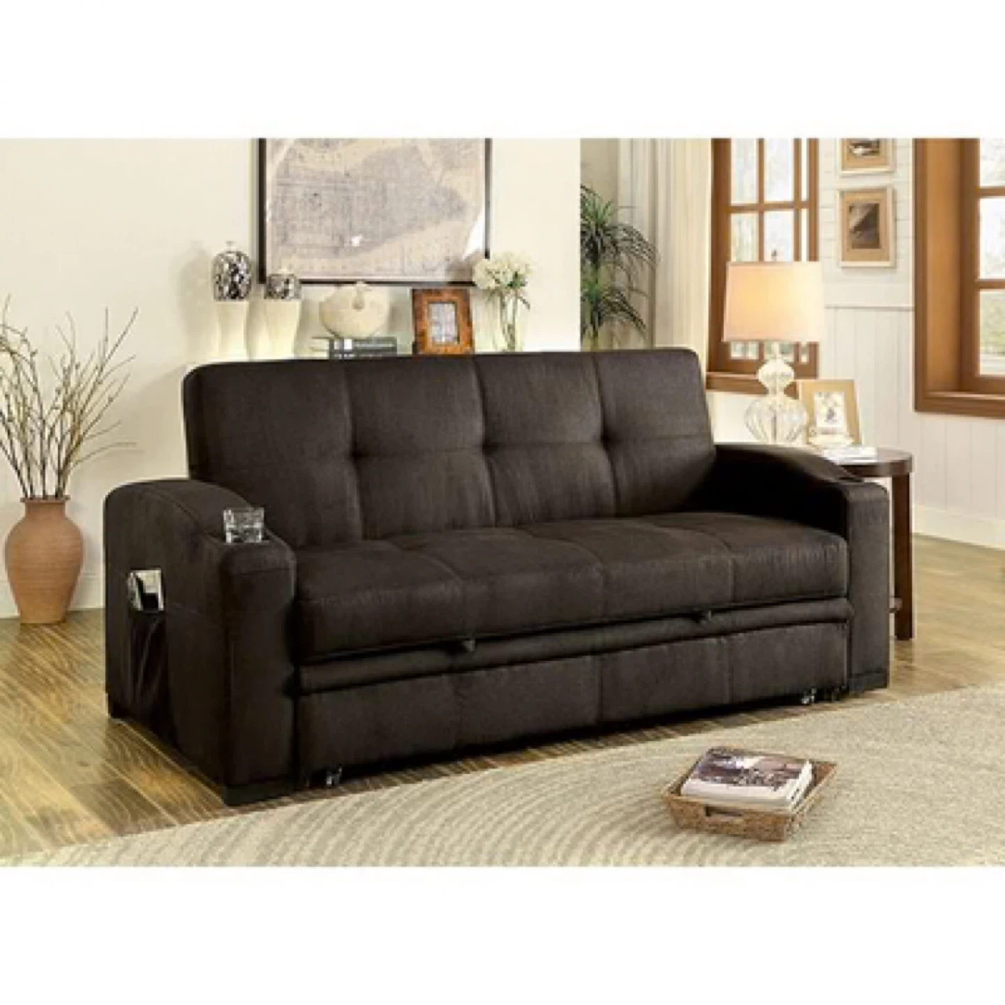 Dark Brown Sofa Bed with Built-in Storage
