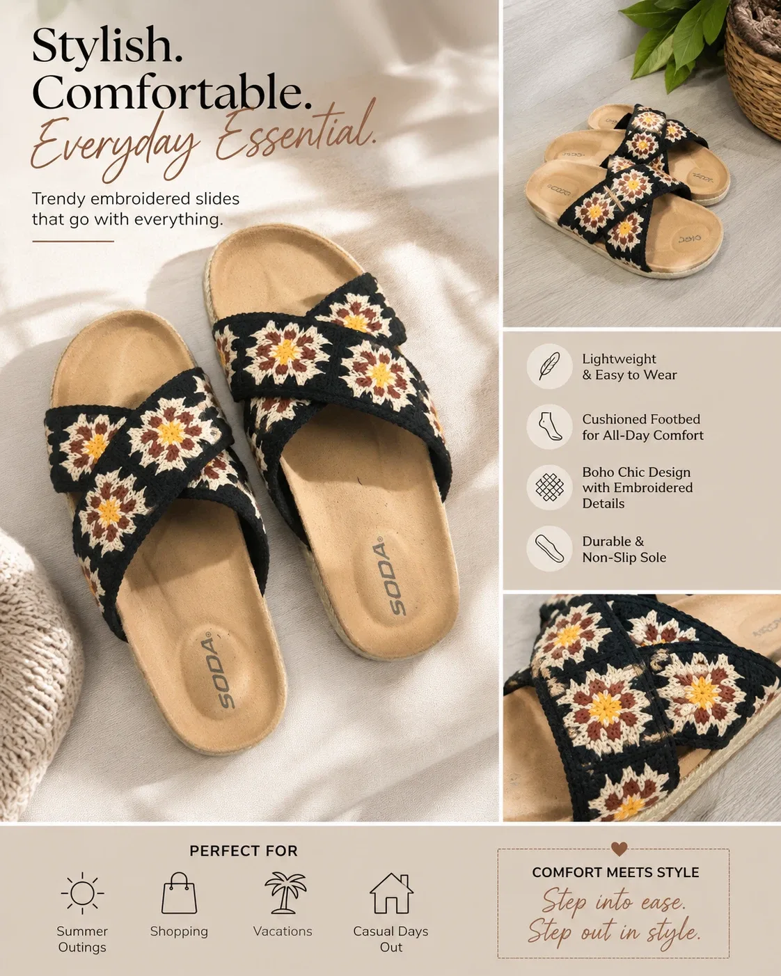 Soda Slides - Embroidered Crossband Sandals