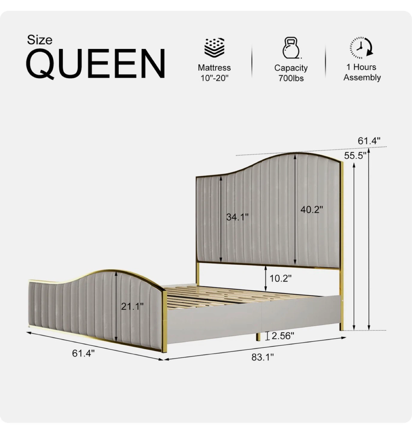 Queen Bed Frame with Gold Trim and grey velvet - photo 5