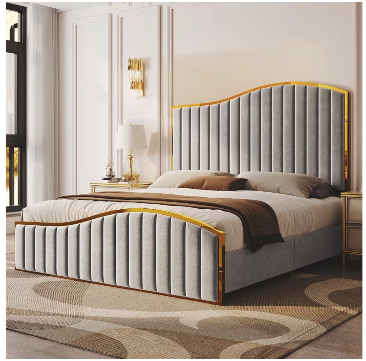 Queen Bed Frame with Gold Trim and grey velvet