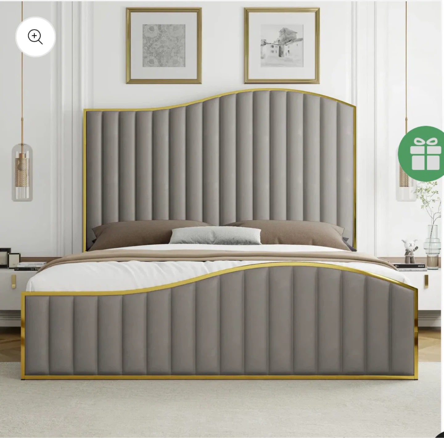 Queen Bed Frame with Gold Trim and grey velvet - photo 2
