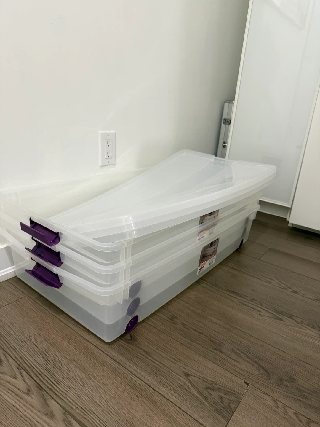 Clear Storage Bins with Purple Latches (Set of 3)