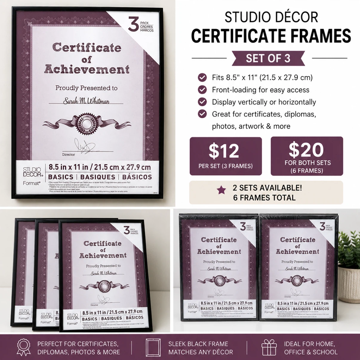 Studio Décor Black Certificate Frames – Set of 3
