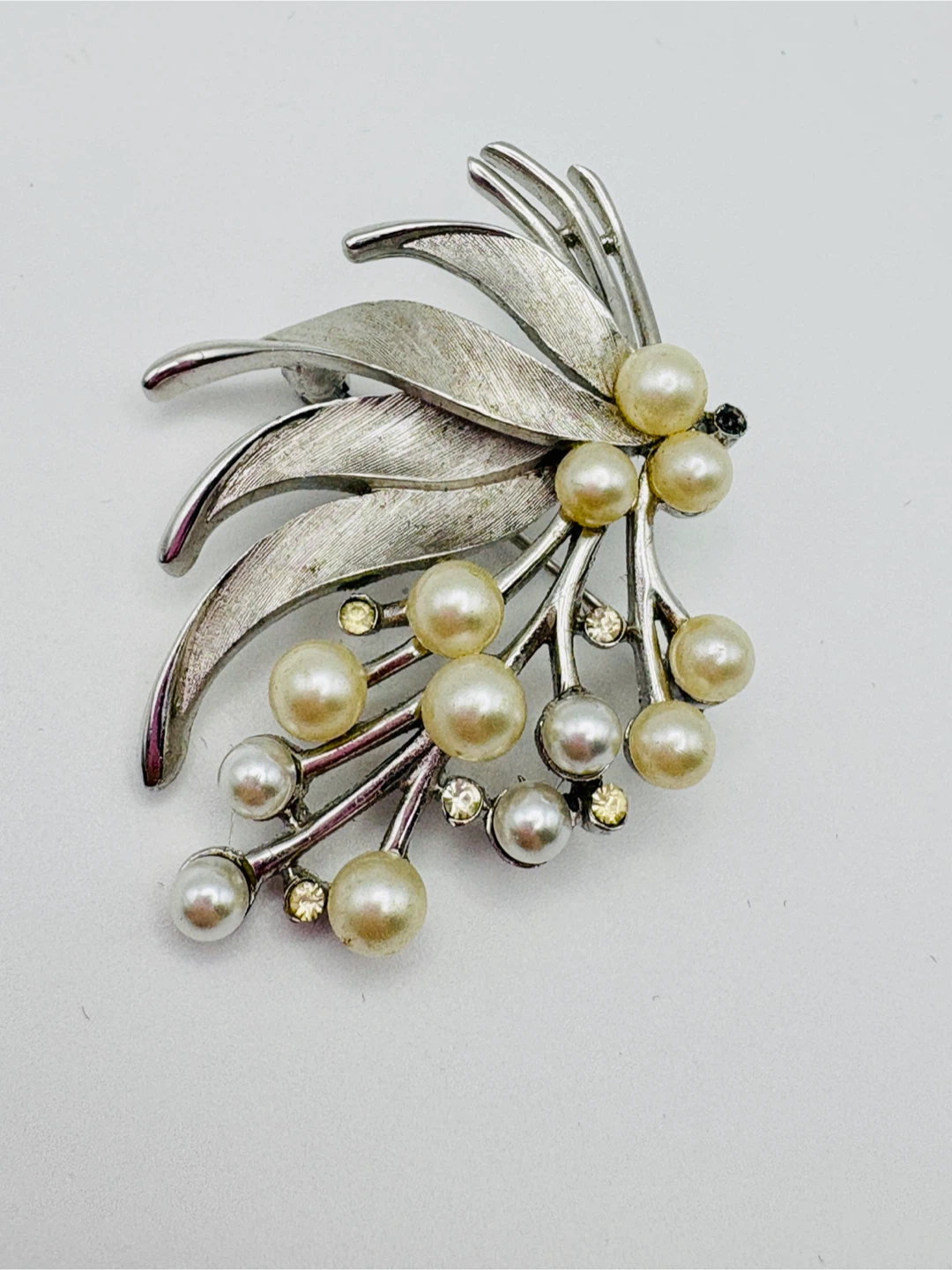 Vintage Crown Trifari Brooch with Faux Pearls and Rhinestones