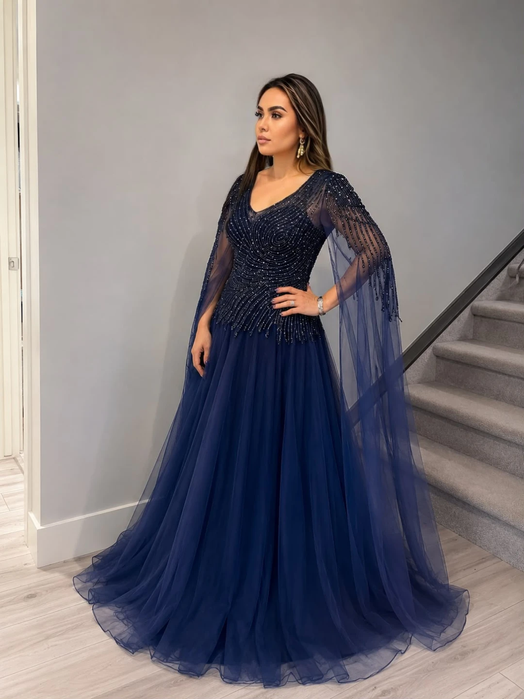 Navy Blue Beaded Cape Sleeve Gown