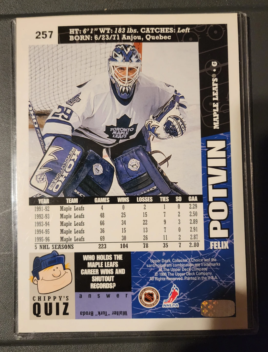 Felix Potvin Toronto Maple Leafs Hockey Card - photo 2