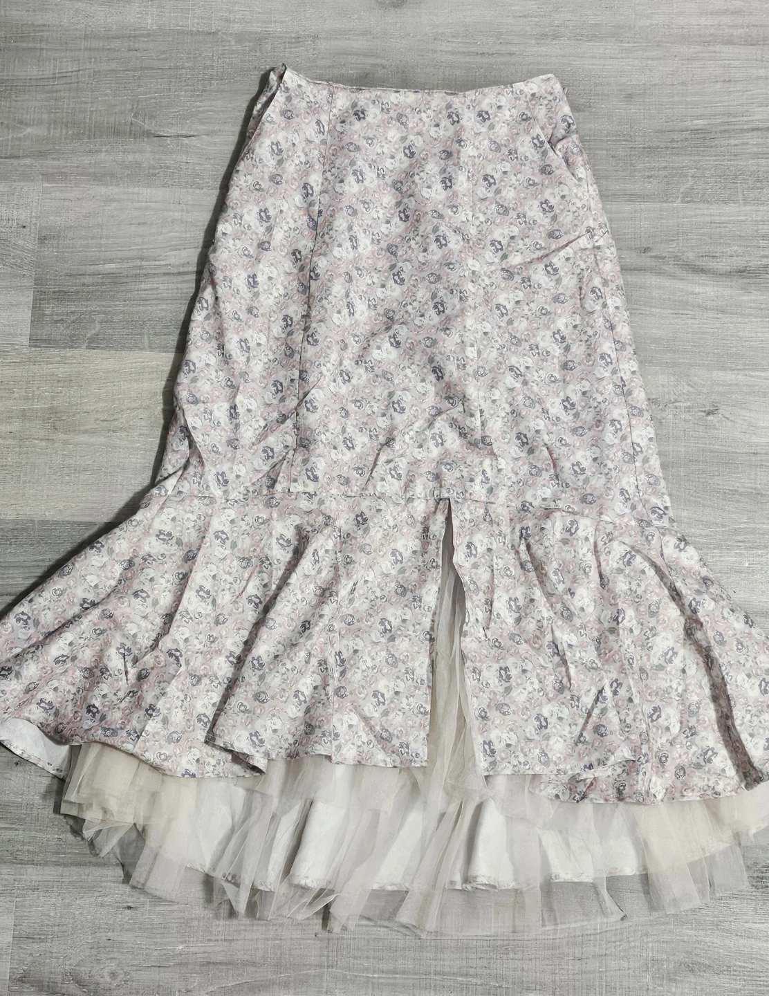 Floral Midi Skirt with Tulle Overlay