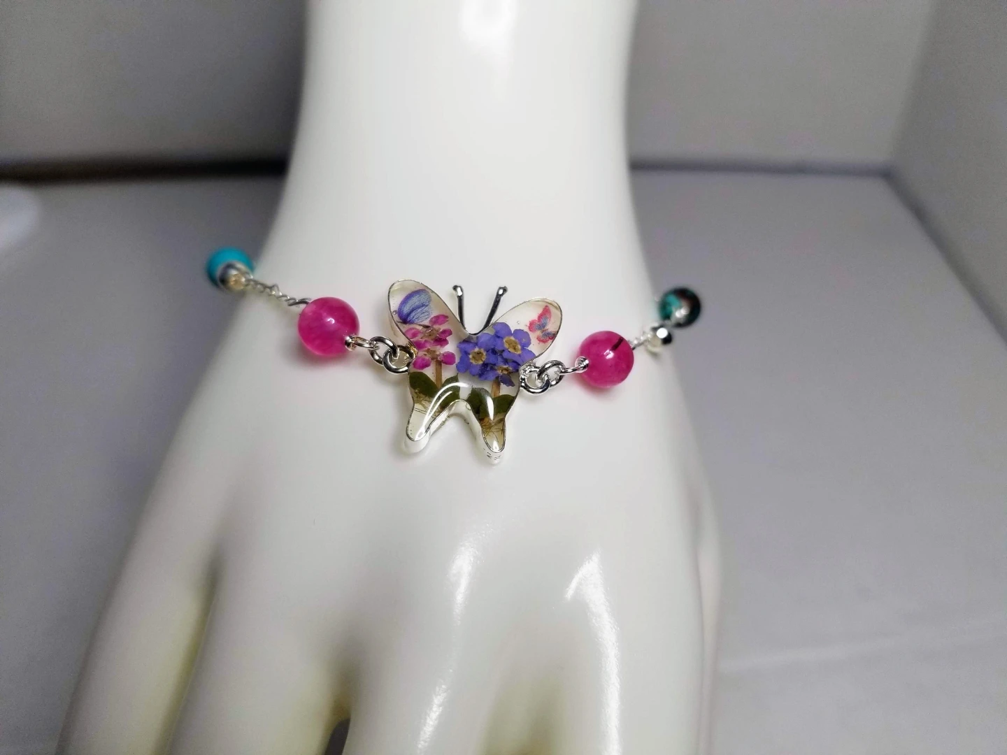 925 silver Butterfly Bracelet with Real Flowers