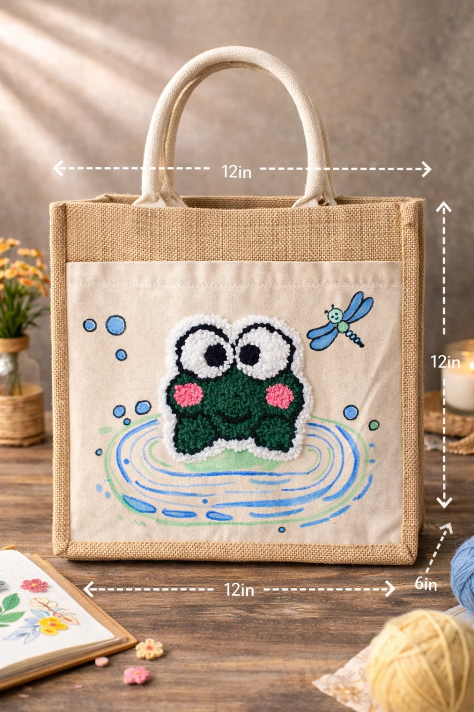 Cute Punch Needled Frog Jute Tote Bag