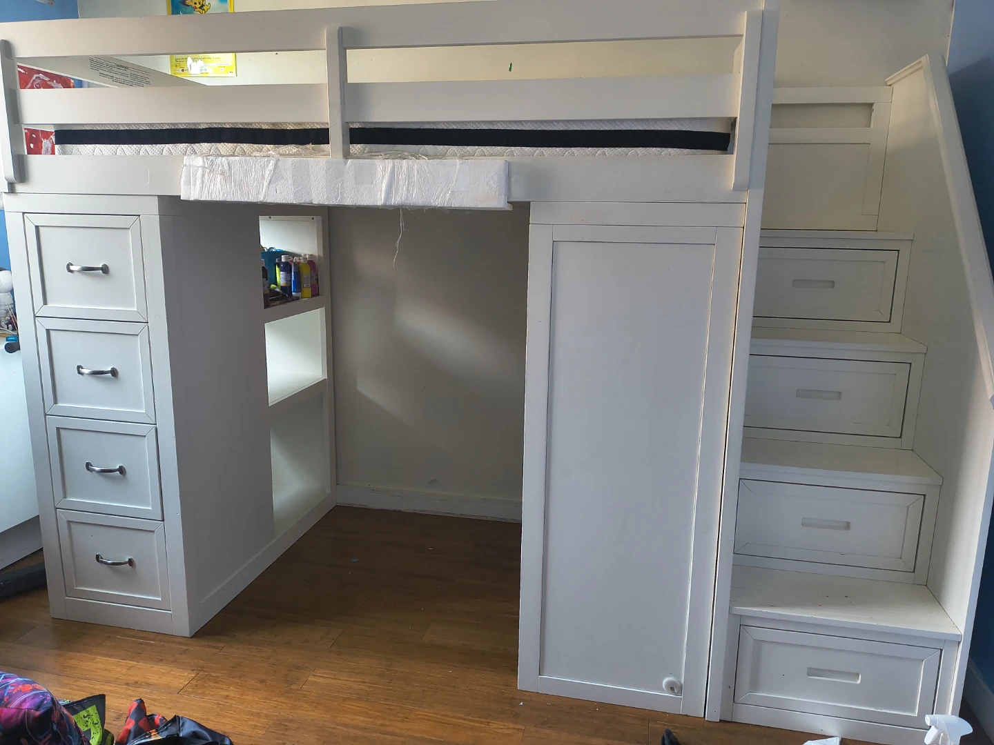 White Loft Bed with Stairs and Drawers