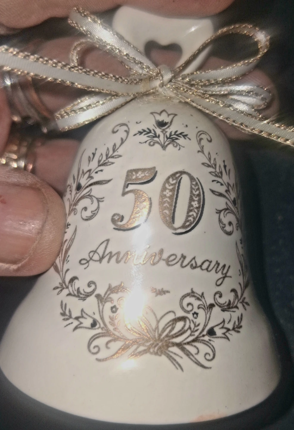 Ceramic 50th Anniversary Bell with Crystal Pendant