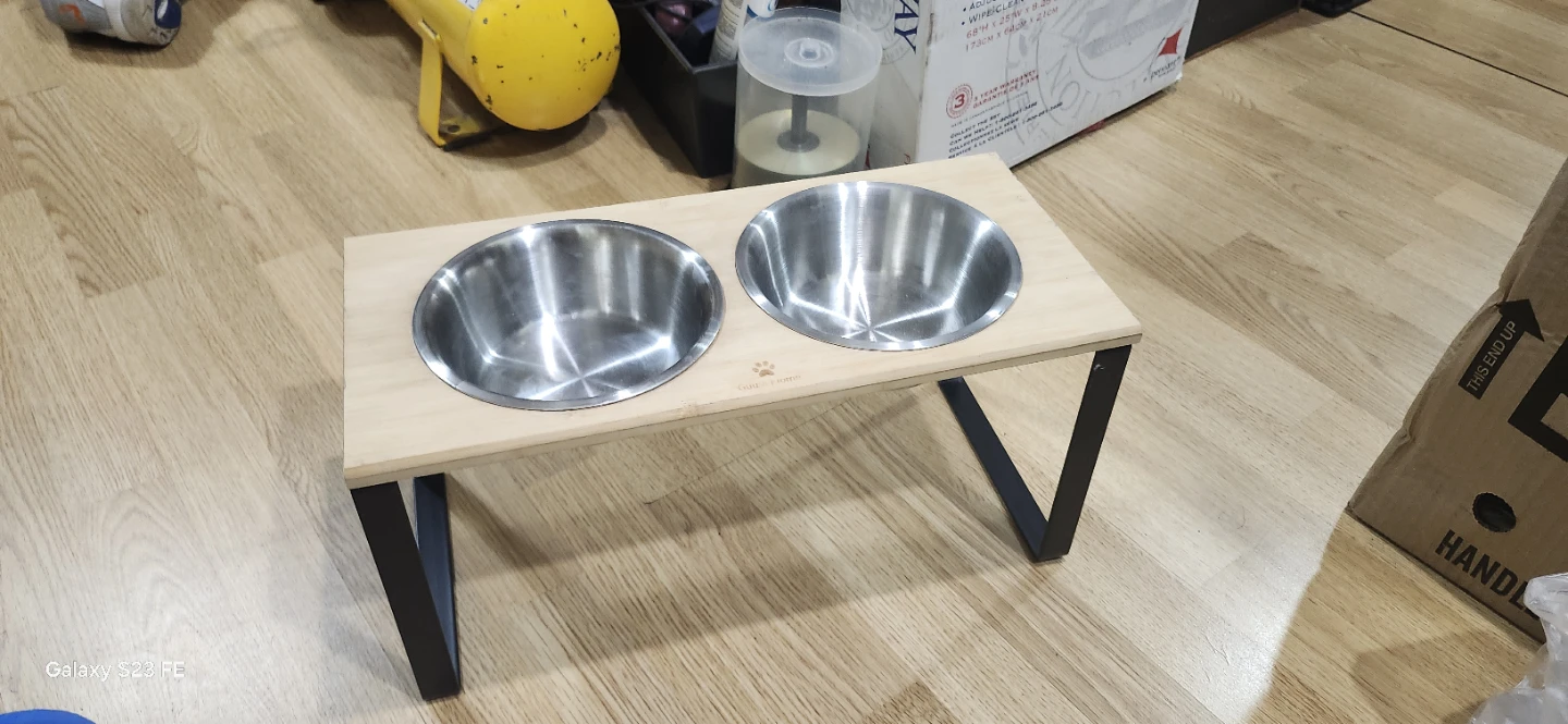 Bamboo Raised Pet Bowl Stand with Stainless Steel Bowls