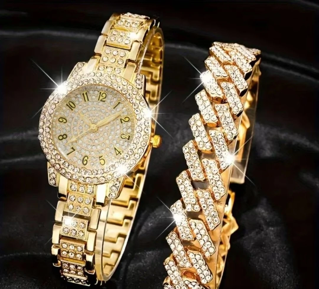 Gold Watch and Bracelet Set with Rhinestones