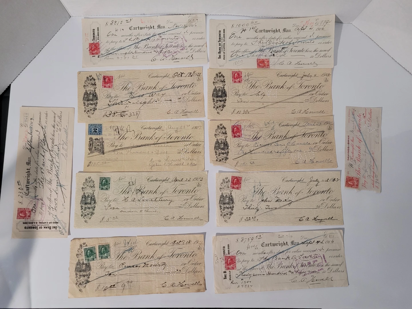 Collection of Antique Bank of Toronto Cheques