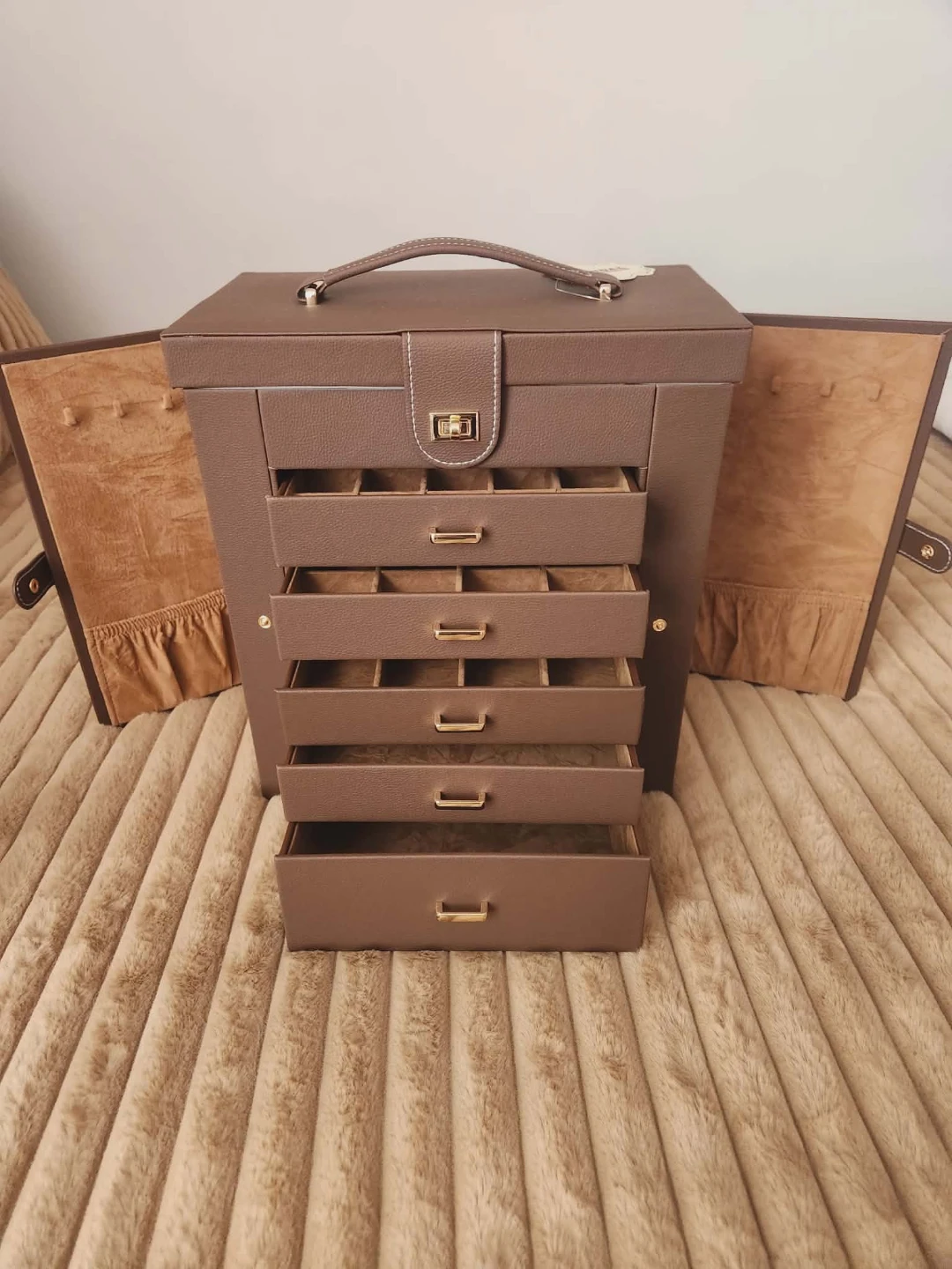 Brown Faux Leather Jewelry Box with 6 Drawers - photo 2