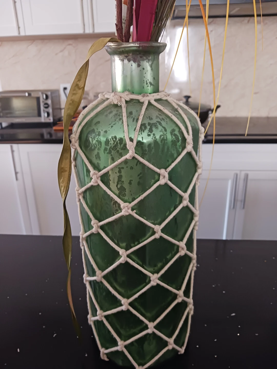 Green Glass Vase with Macrame Netting