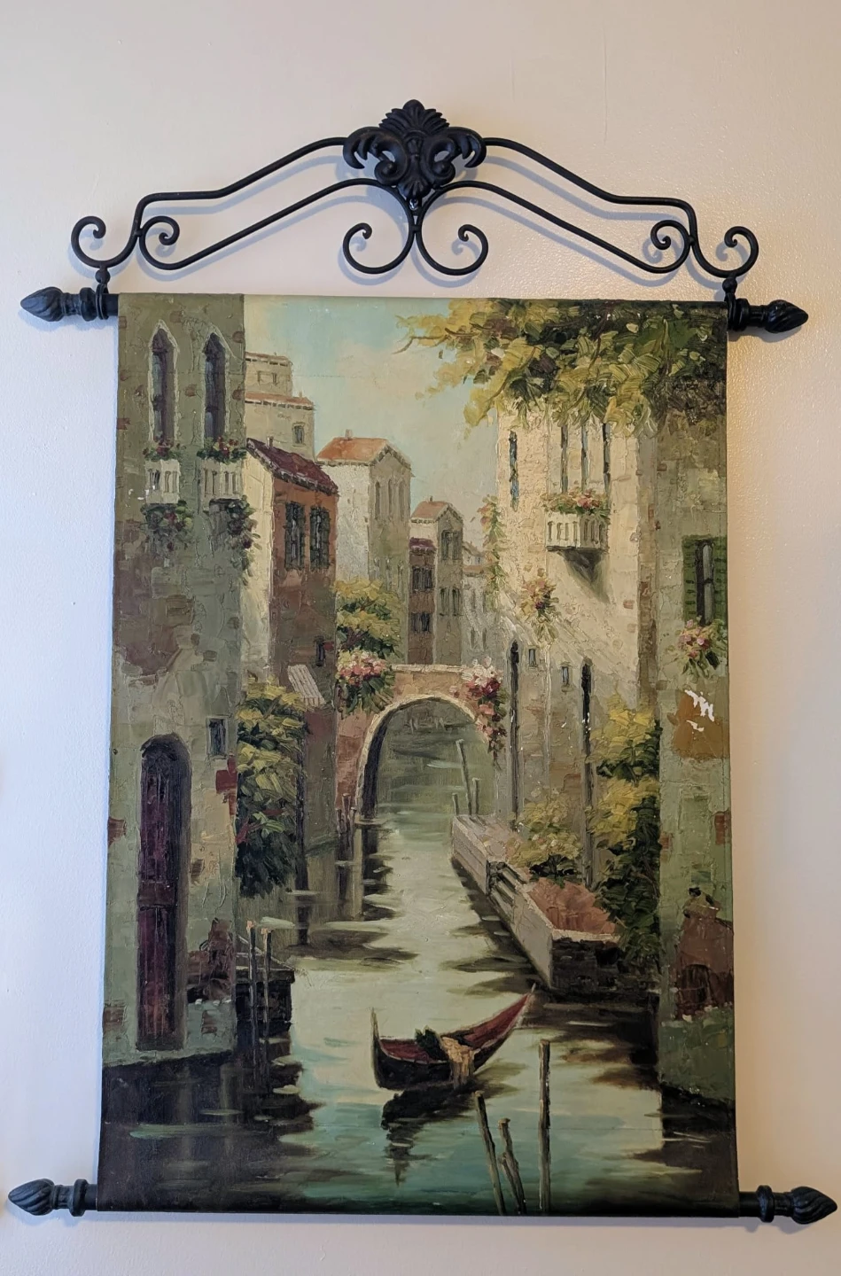 Vintage Wall Tapestry with Gondola Scene and Metal Hanger