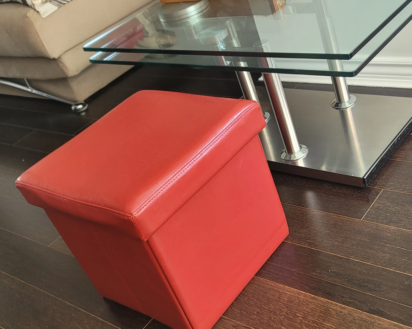 Red Leather Modern Pouf with Storage - photo 2