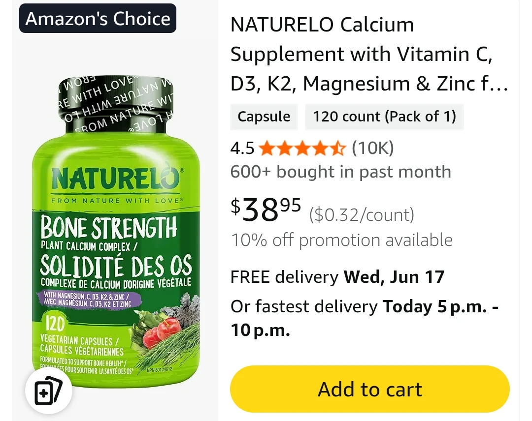 NATURELO Bone Strength Calcium Supplement 120 Capsules