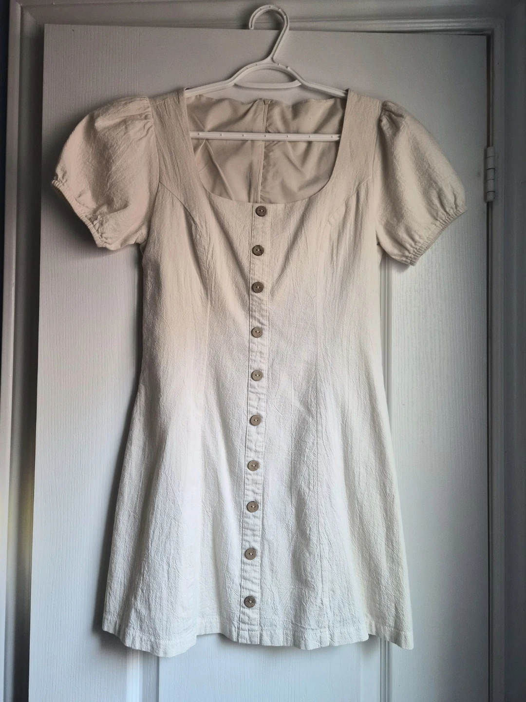 Cream Linen Blend Puff Sleeve Button-Front Dress
