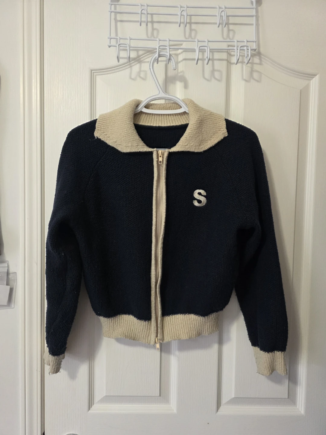Navy and Cream Zip-Up Cardigan with 'S' Detail