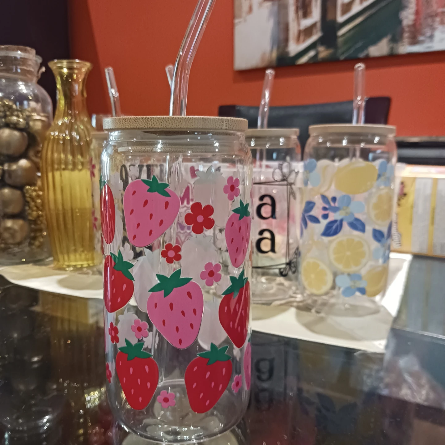 Glass Tumbler with Straw - Strawberry Design - photo 2