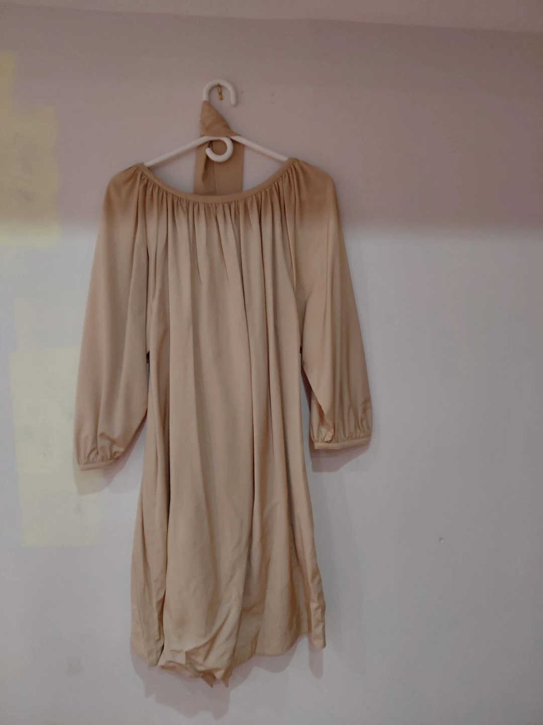 Beige Long-Sleeved Dress with Tie Neck