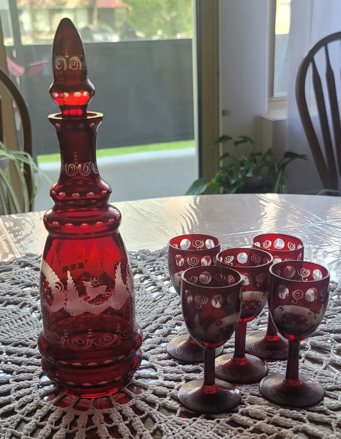 Vintage Red Glass Decanter and Glasses Set