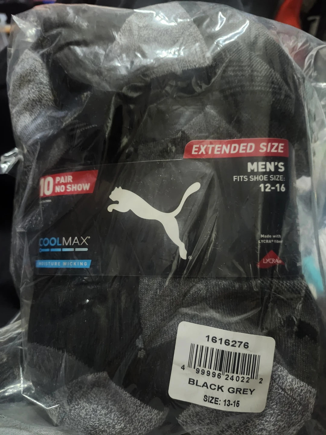 Puma Men's 10 Pair No Show Socks Extended Size Black Grey
