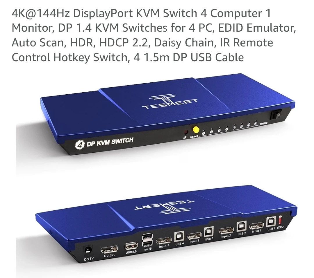 4K@144Hz DisplayPort KVM Switch 4 Computer 1 Monitor,
