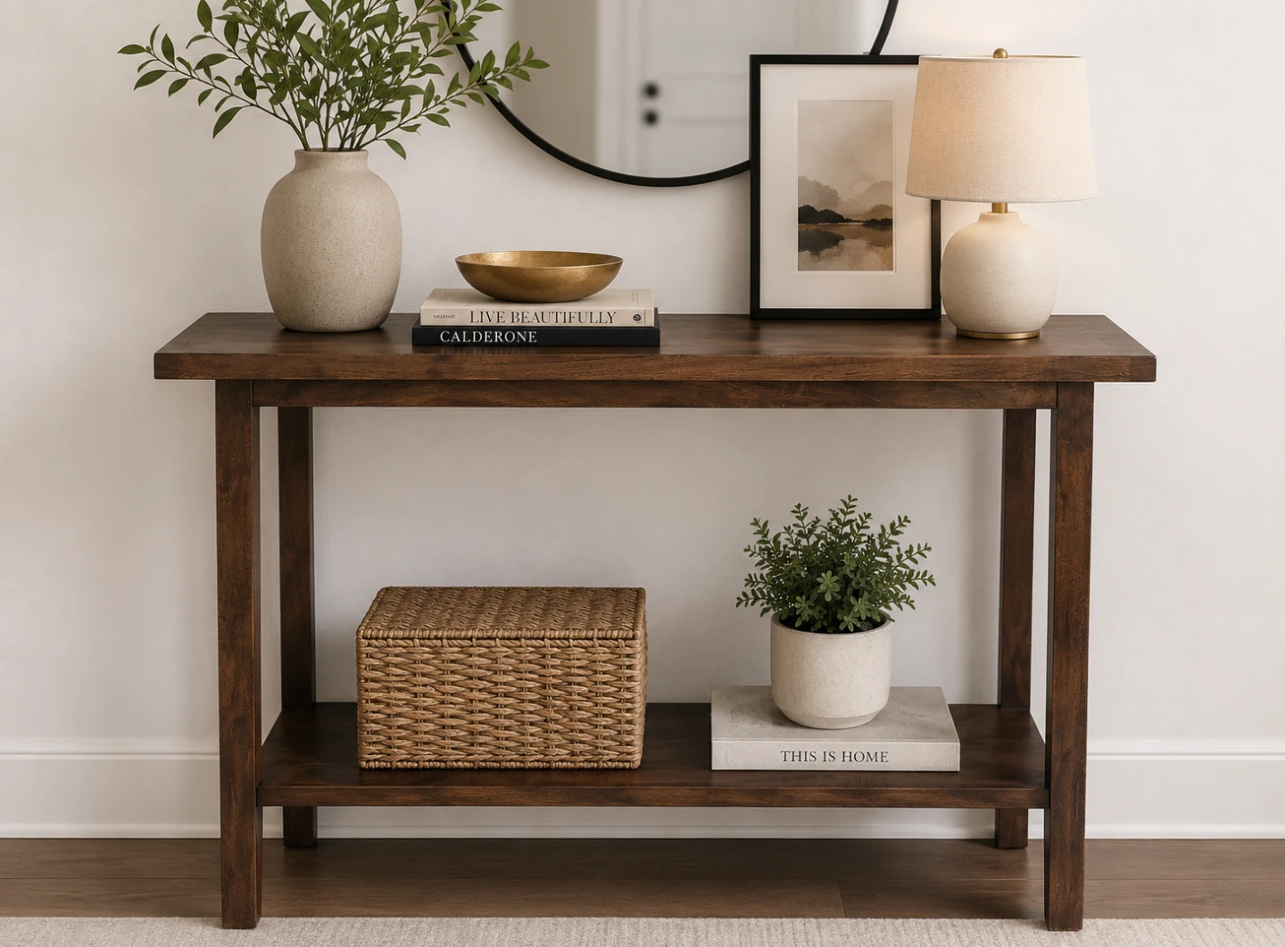 Wooden Console Table with Shelf. Washed Walnut.. 36 x 16 x 30H