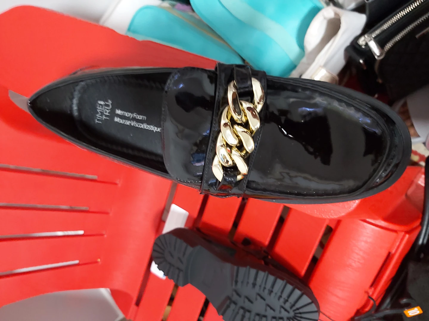 Time and Tru Black Patent Loafers with Gold Chain Detail - photo 3