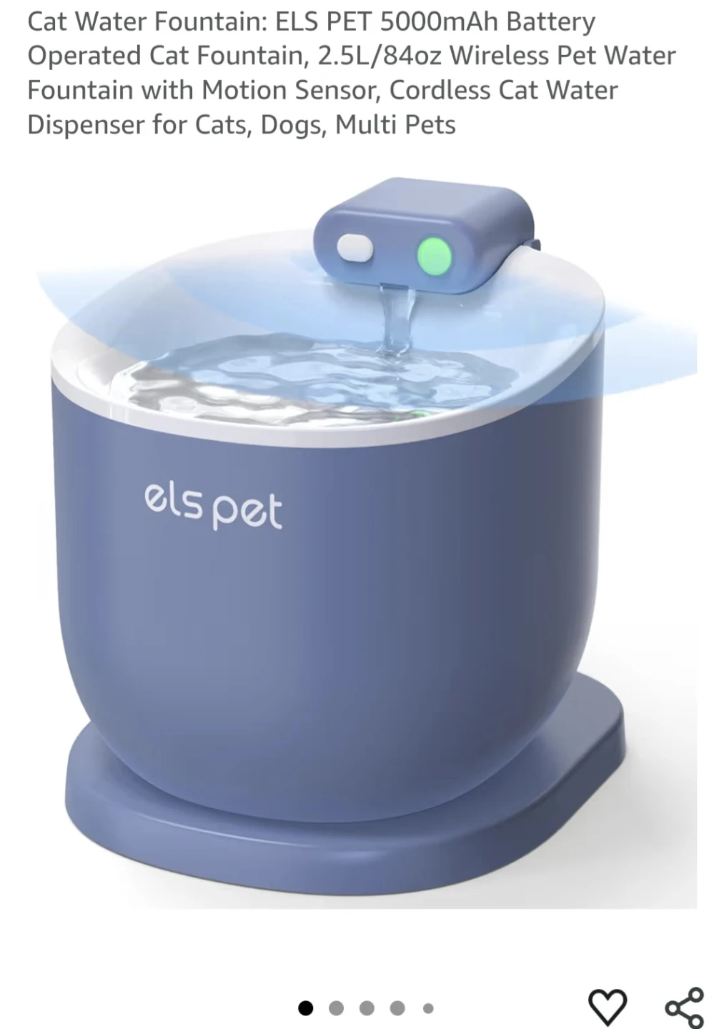 ELS PET Cat Water Fountain 2.5L Wireless with Motion Sensor