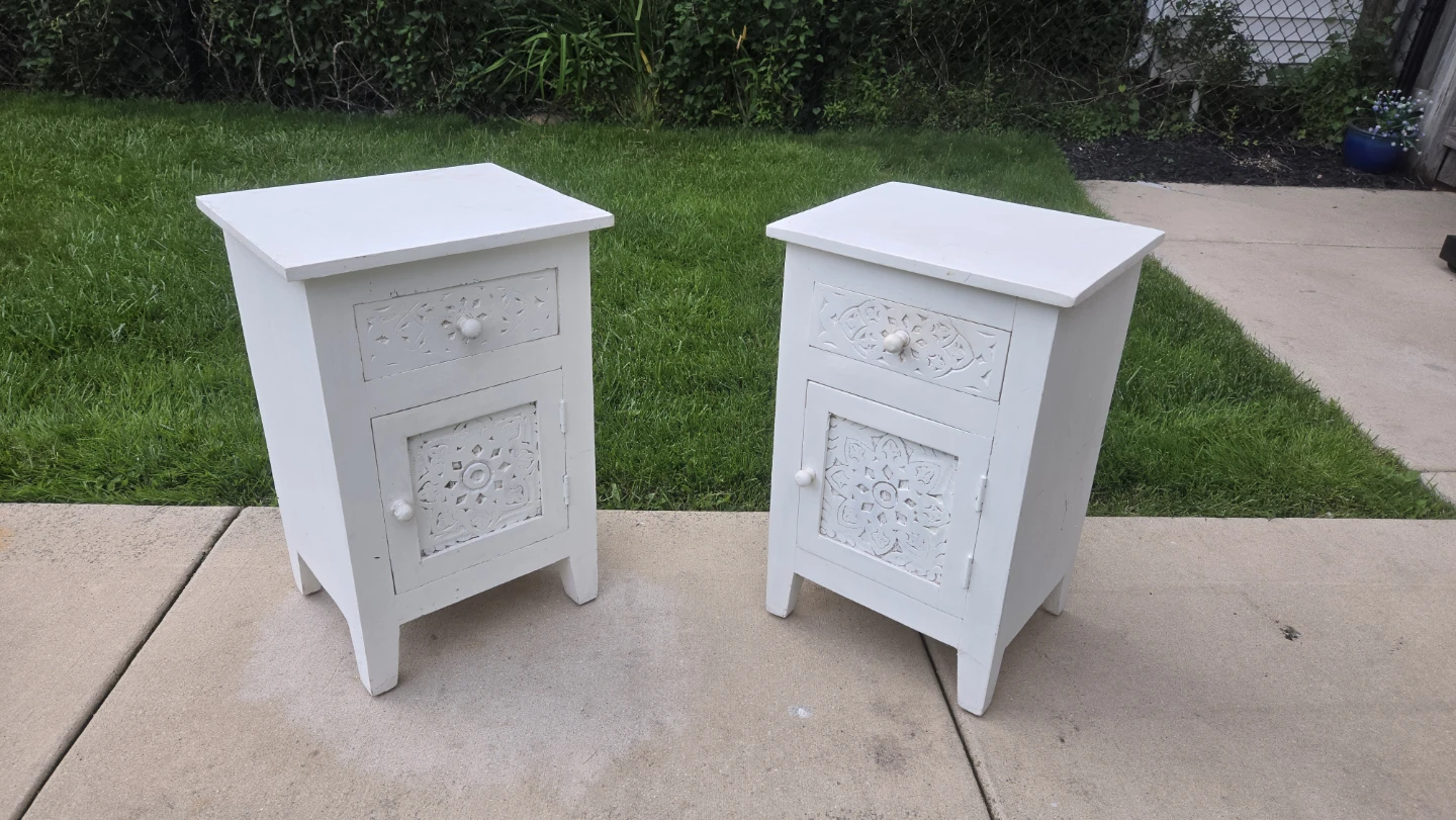 White Nightstands with Carved Detail - Set of 2