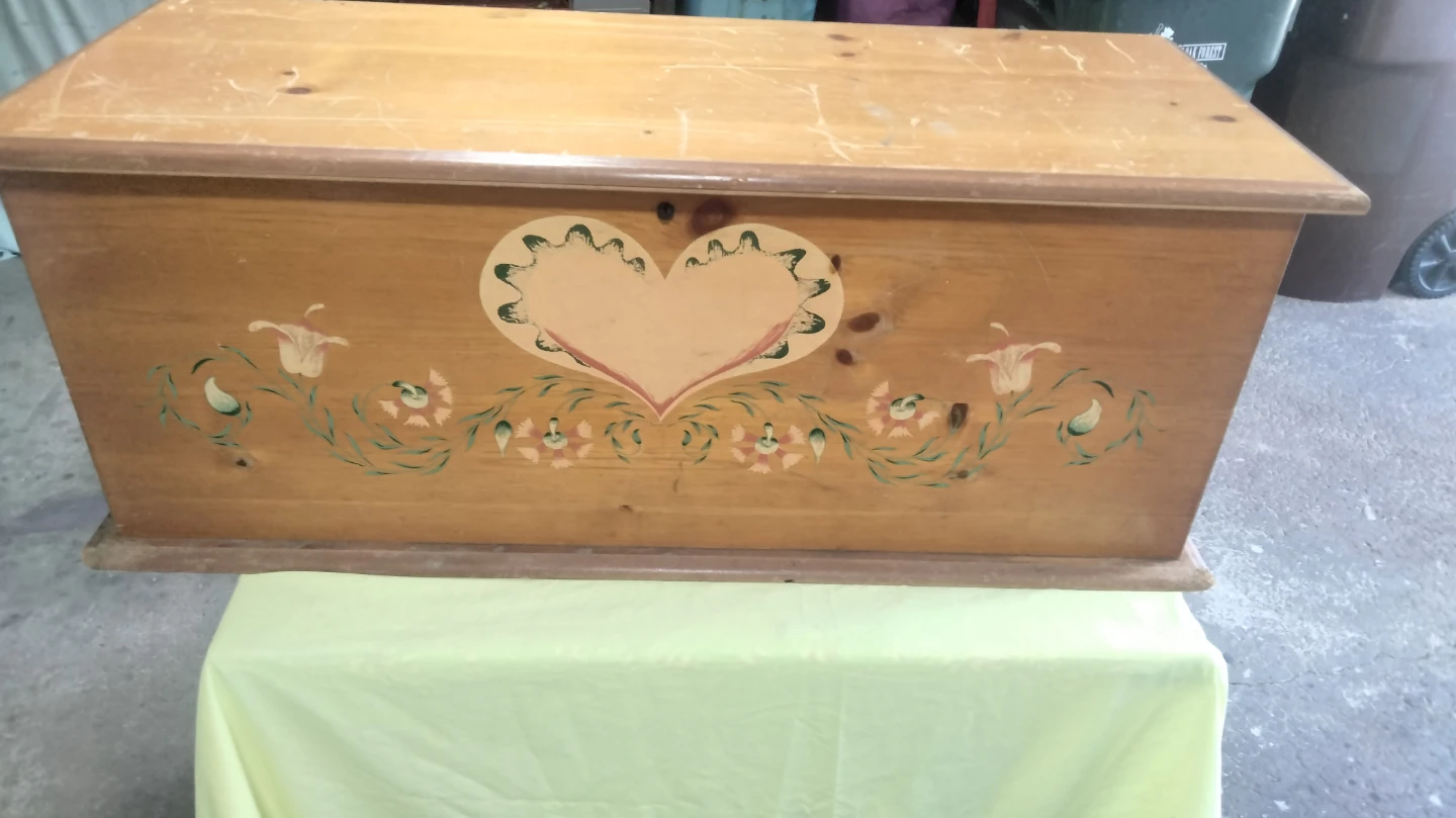 Vintage Wooden Cedar Chest with Hand-Painted Heart Design