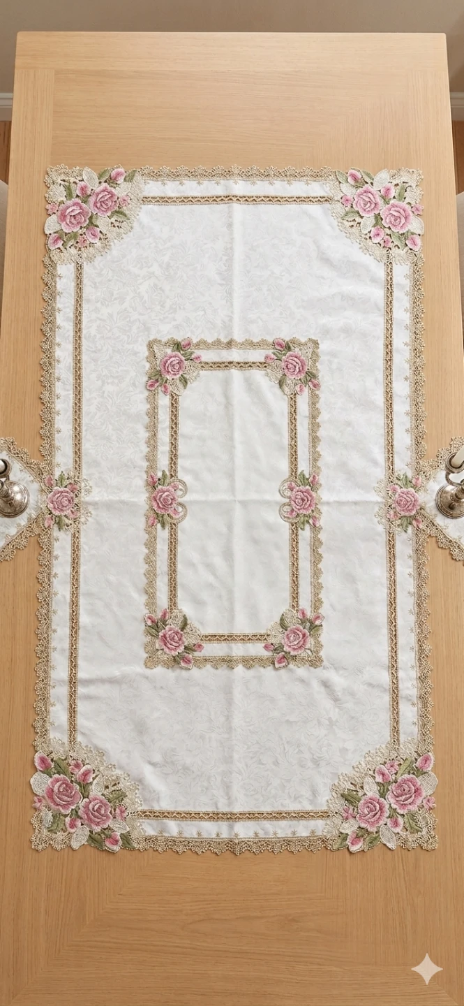 White Tablecloth with Pink Rose Trim