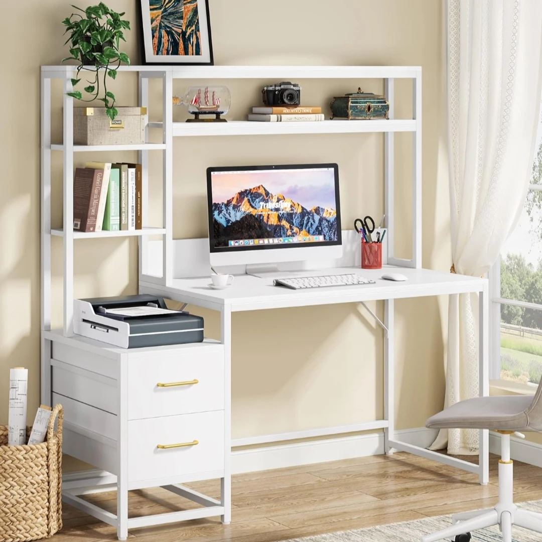 White Computer Desk with Hutch and Drawers