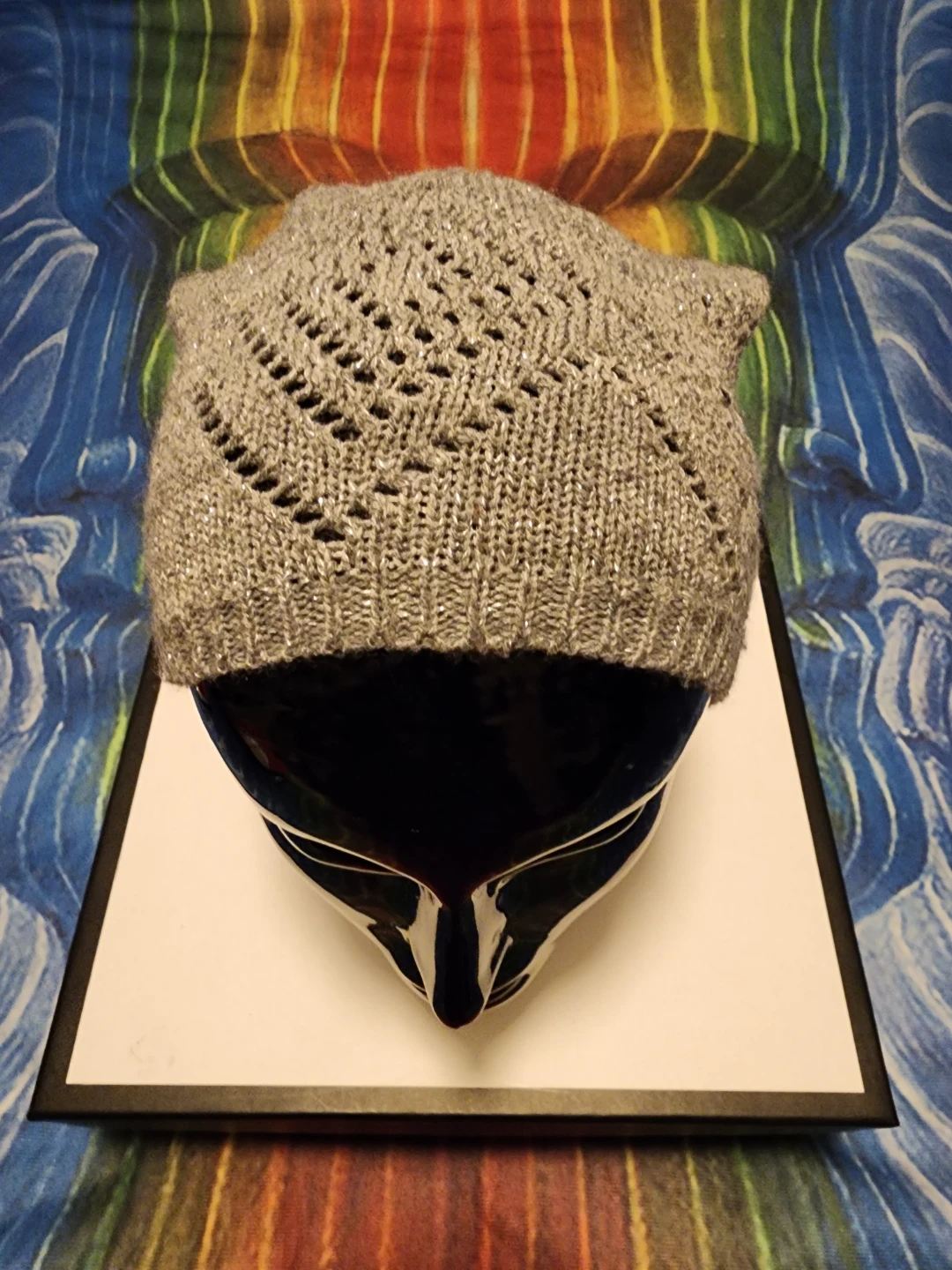 Gray knit slouchy beanie with metallic thread