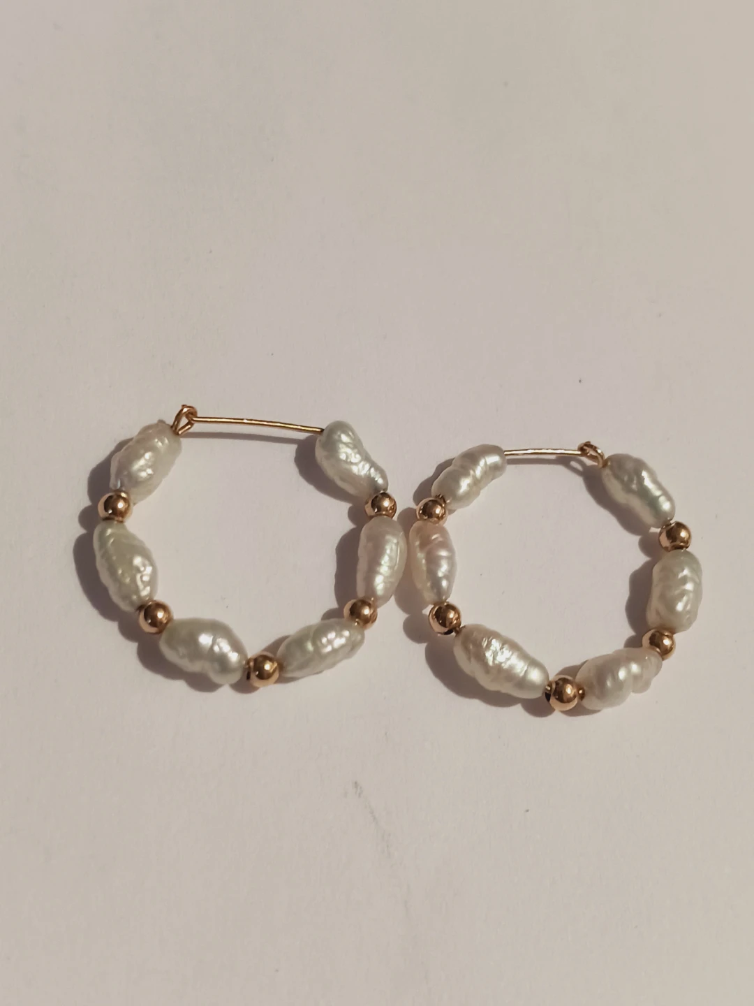 14K Gold Stamped Beaded Freshwater Pearls Hoop Earrings