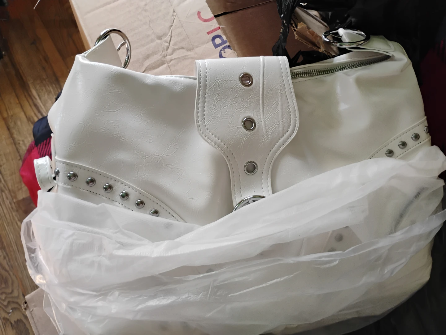 White Faux Leather Studded Handbag
