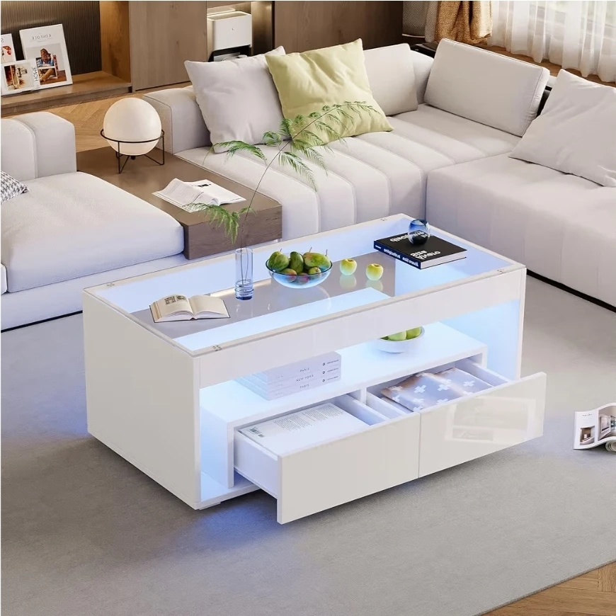 Modern LED Coffee Table with Storage Drawers