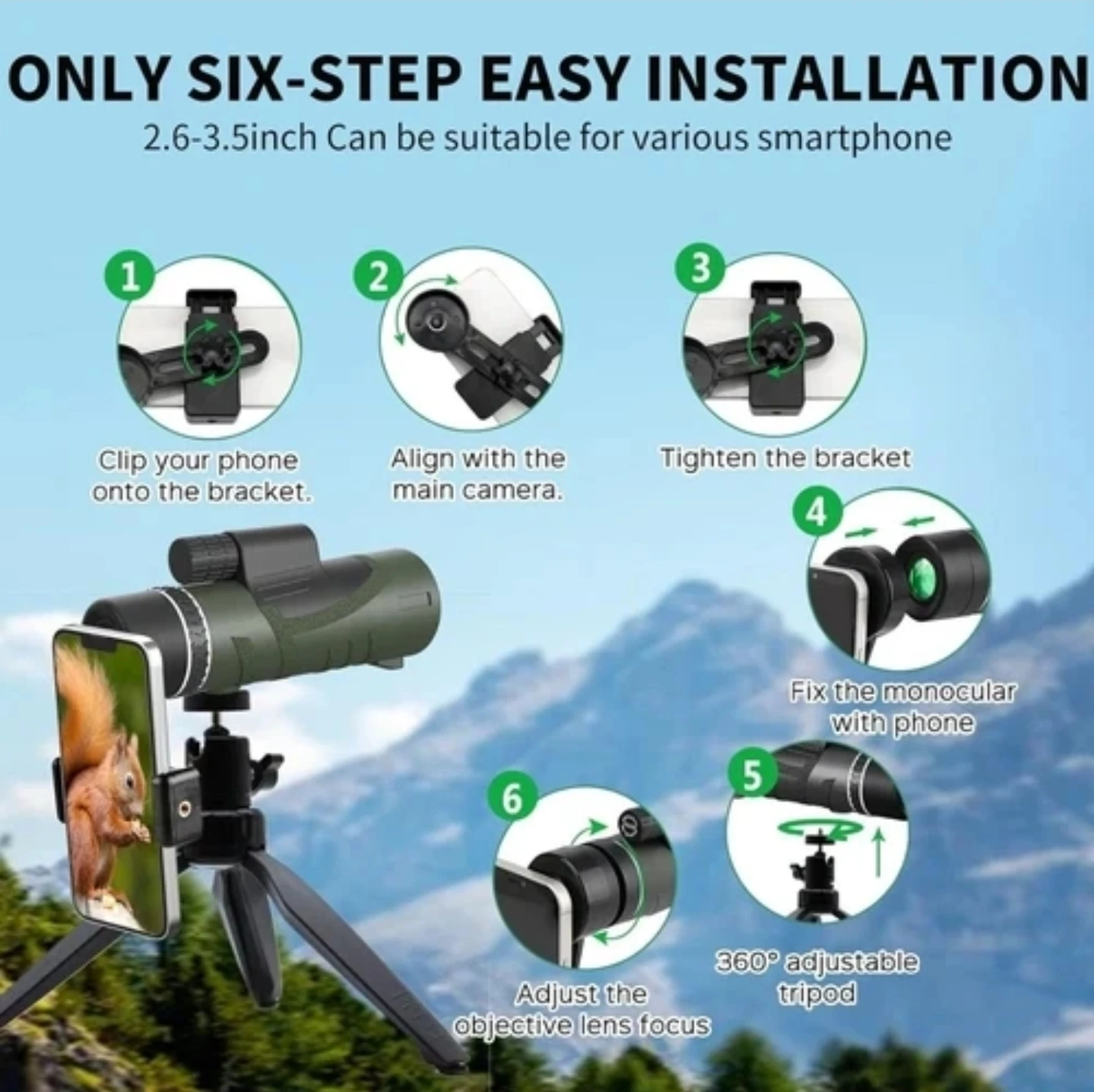 Monocular Telescope with Tripod and Phone Mount