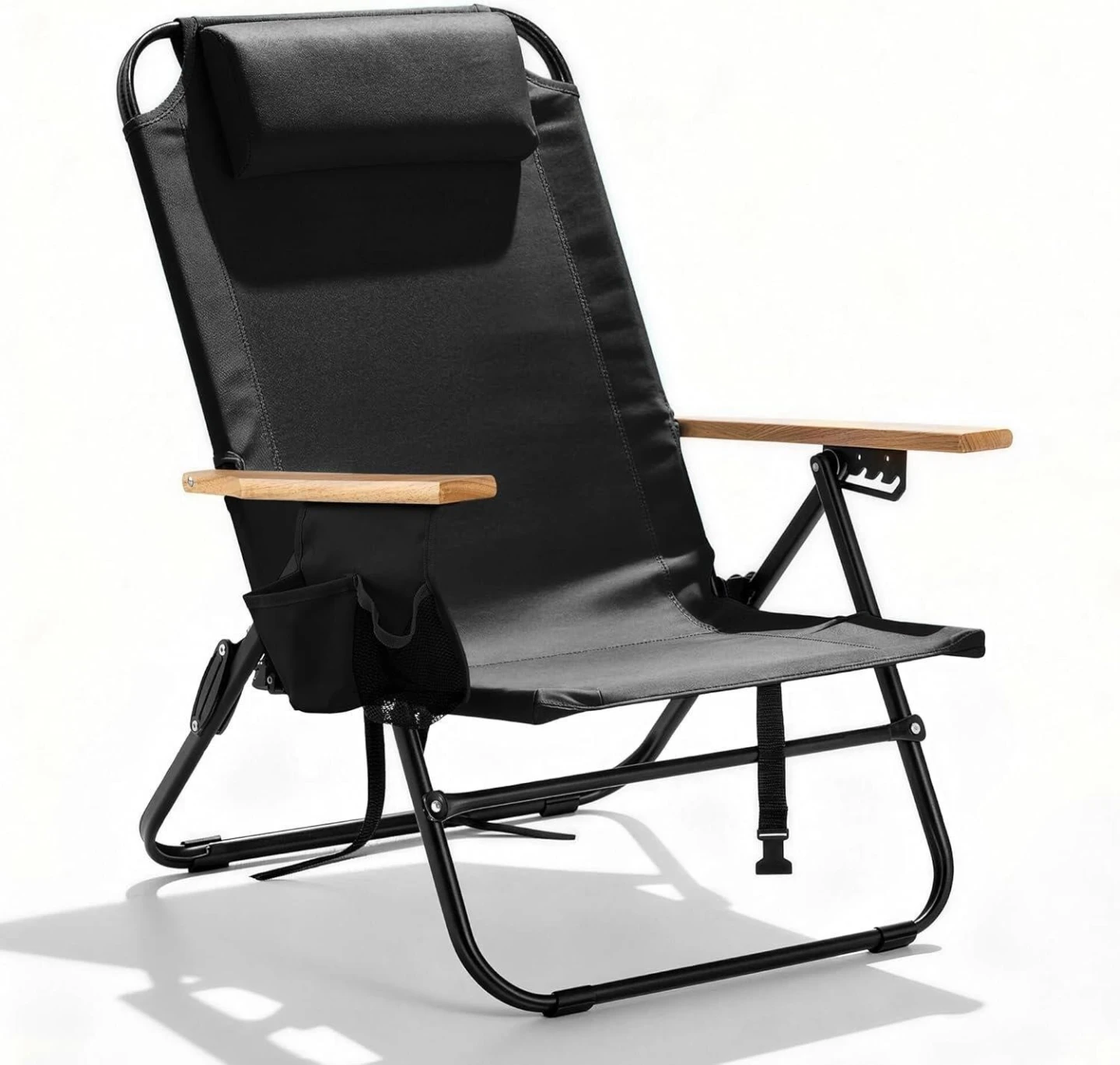 Black Folding Beach Chair with Headrest & Wood Armrests - photo 3