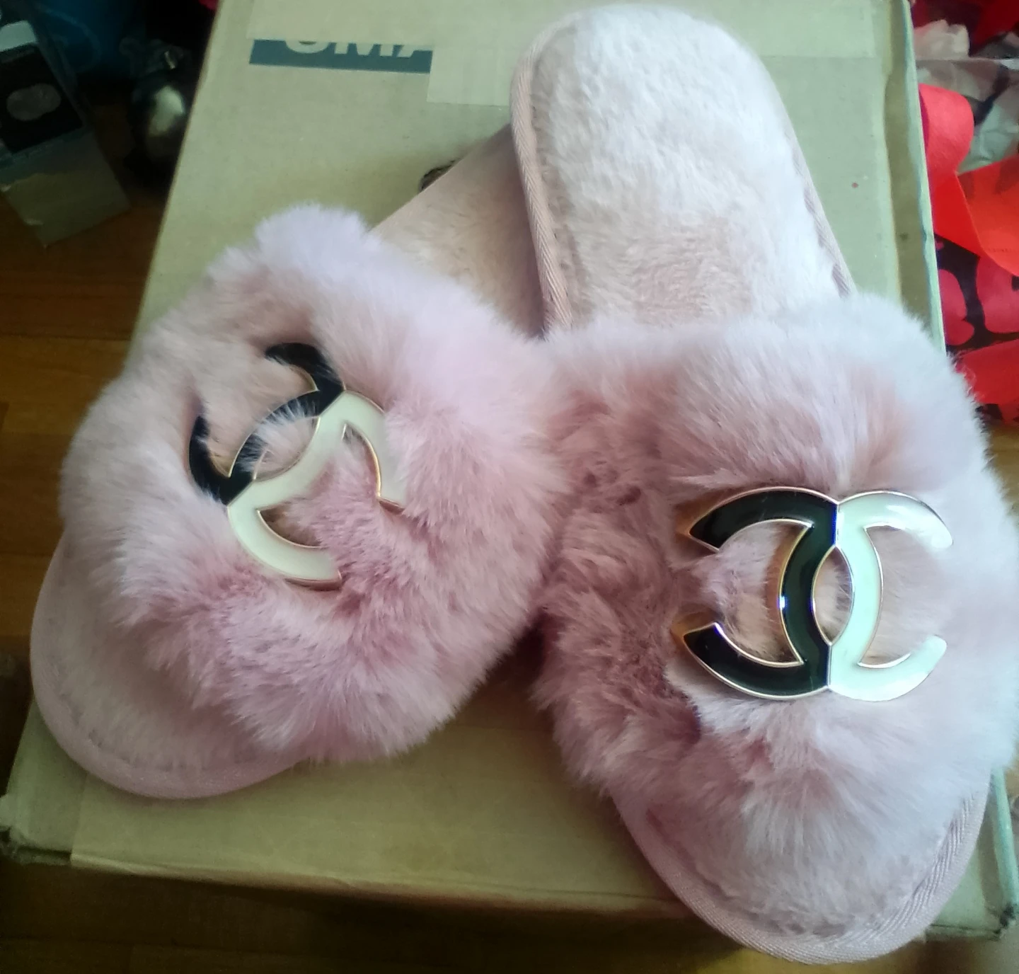 Pink Fuzzy Slippers with CC Logo