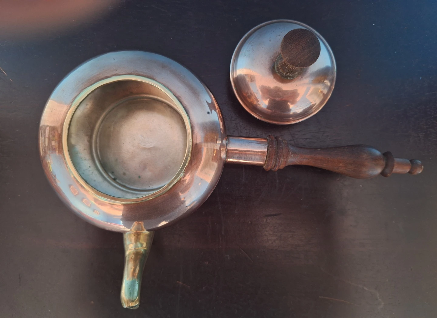 Vintage Copper Tea Pot with Wooden Handle and Lid - photo 3