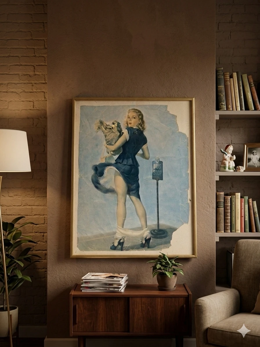 Vintage Pin-Up Art Print - Bus Stop Scene - photo 2