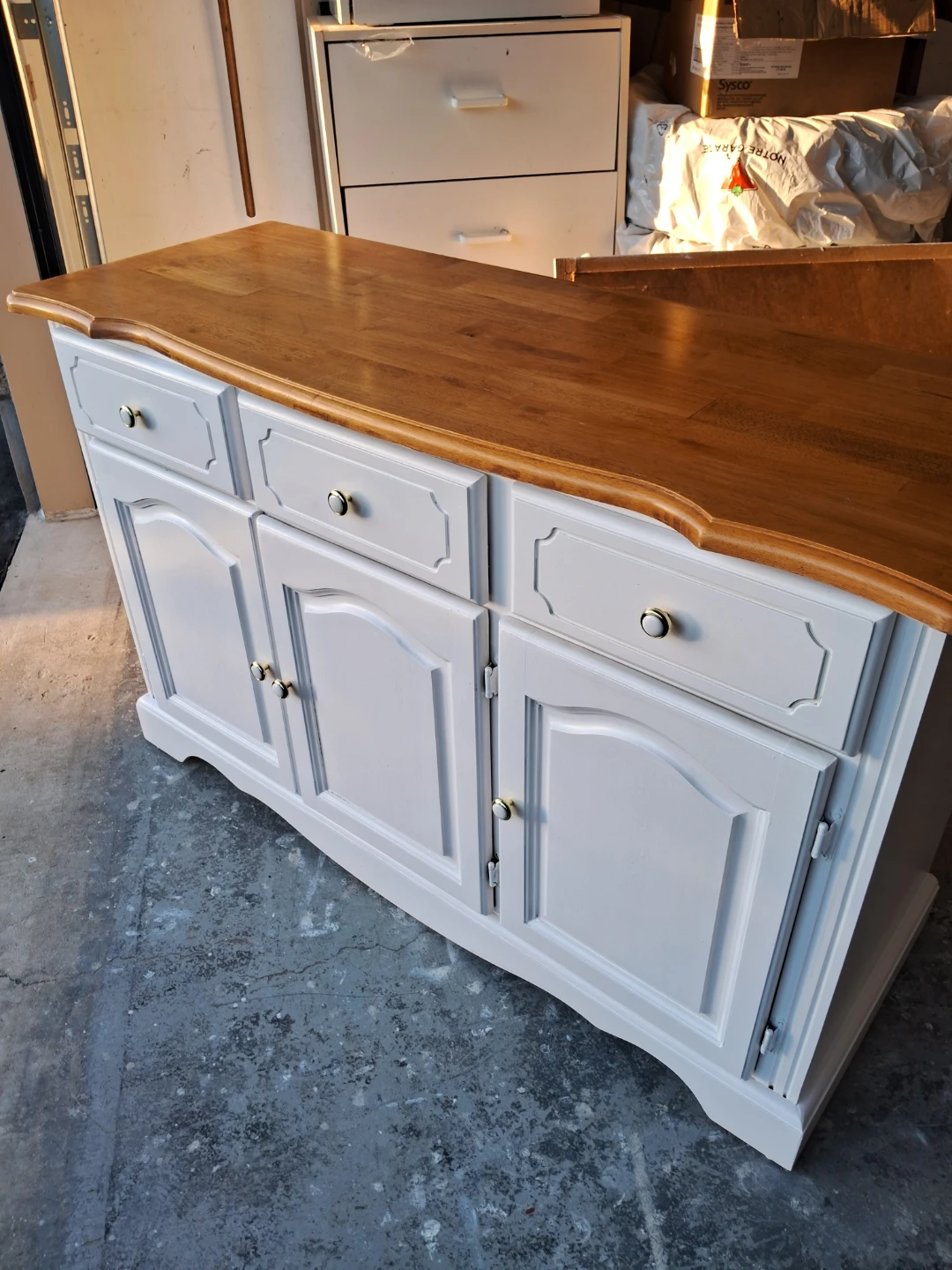 White Buffet Cabinet with Wood Top