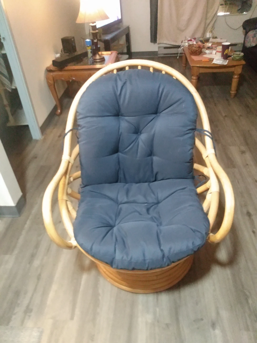 Rattan Swivel Chair with Blue Cushion
