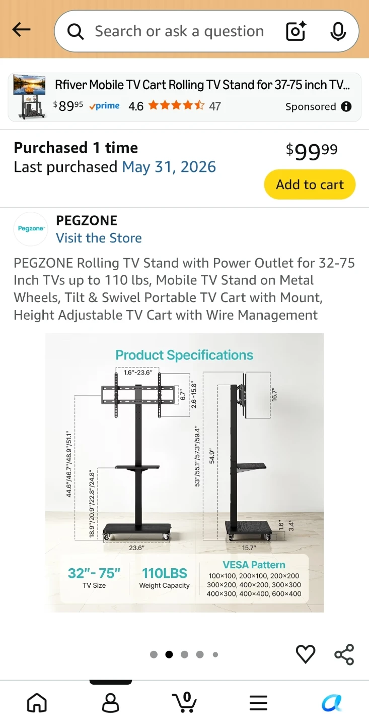 PEGZONE Rolling TV Stand for 32-75 Inch TVs - photo 2