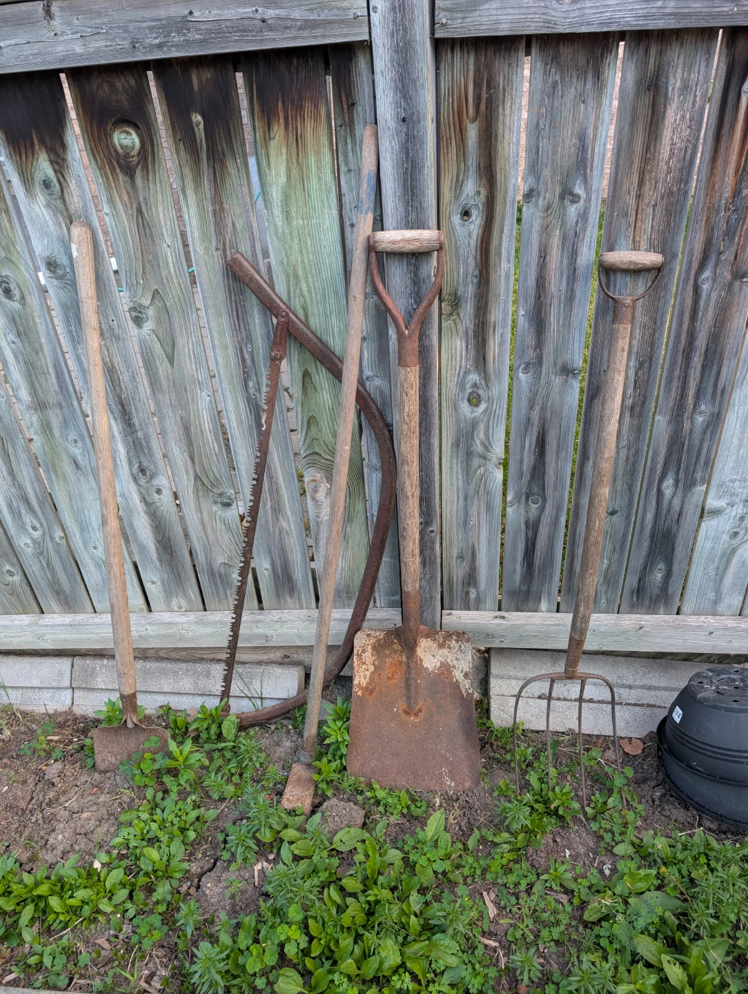 Assorted Garden Tools - Shovel, Pitchfork, Saw, Hoe